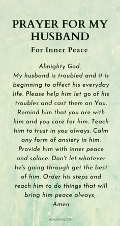 prayer for my husband on green background with white border and black writing in the center