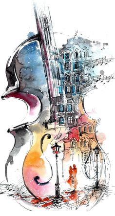 an abstract painting of a violin with buildings in the background and watercolor on paper