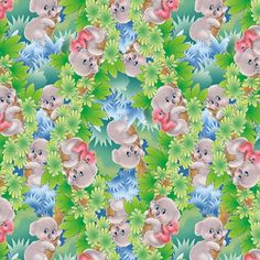 an image of a pattern with koalas and flowers on green leaves in the background