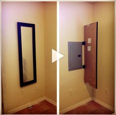 two pictures of a mirror and a door in a room that is being painted yellow