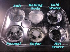 an ice tray filled with different types of sodas and cold water in each container