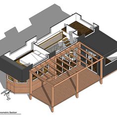 an overhead view of a house showing the living room and kitchen