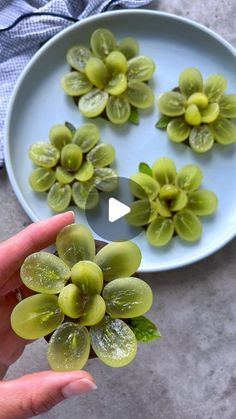 someone is holding grapes in their hand and they are on a plate with water droplets