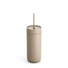 a white cup with a straw sticking out of it's top, on a white background