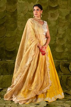 Spicy mustard lehenga with silk thread, sequin and bead floral embroidery. Paired with a floral embroidered blouse and scalopped dupatta. - Aza Fashions Mustard Lehenga, Spicy Mustard, Floral Lehenga, Silk Thread, Embroidered Silk, Raw Silk, Embroidered Blouse, Set For Women, Aza Fashion