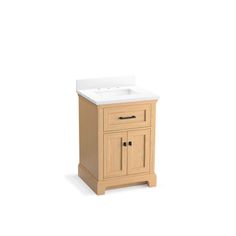 a bathroom vanity with a white sink and wooden cabinetry on the top, against a white background