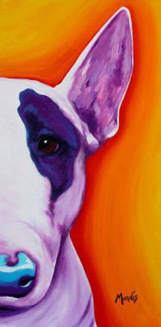 a painting of a white dog with purple ears and nose, on an orange background