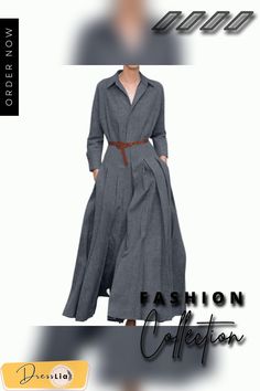 Women Belt Pleated Plain Long Maxi Dress Loose Long Big Swing Dress Plus Size Elegant Shift Dress With Pockets, Pleated Long Sleeve Shirt Dress For Spring, Long Sleeve Cotton Pleated Dress, Long Sleeve Shift Maxi Dress For Daywear, Elegant Shift Midi Dress With Pockets, Long Sleeve Cotton Pleated Shirt Dress, Gray Long Sleeve Maxi Dress For Summer, Casual Long Workwear Dresses, Summer Gray Long Sleeve Maxi Dress