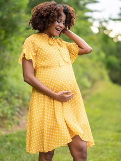 Yellow maternity dresses Roswell Georgia, Pre Pregnancy, After Baby, Comfortable Heels, Maternity Dress, Flutter Sleeves, Chiffon Fabric, Yellow Dress, Postpartum