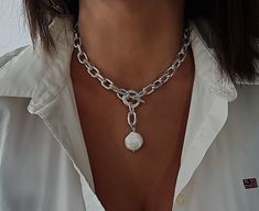 "▪ A beautiful necklace made of a thick cable necklace with a toggle clasp and decorated with a Baroque Pearl, the necklace is made from brass plated shiny white Silver and is suitable for any occasion, both morning and evening. You can also order this chain in shiny gold color. ▪ SIZE Length: 15\" (38 cm) up to 19.8\" (50 cm) Width Toggle : 0.79 inch (2 cm). Width chain : 0.43\" (1.1cm) Thick link : 0.12\" (3mm) ◾ Note, Please note, Sometimes stays nickel scintilla in the coating, if you are se Handmade Silver Toggle Necklace, Chic Metal Toggle Necklace For Gifts, Elegant Chunky Chain Toggle Necklace For Formal Occasions, Elegant Chunky Chain Toggle Necklace For Formal Events, Elegant Chunky Toggle Necklace In Metal, Elegant Metal Toggle Necklace, Elegant Pendant Toggle Necklace, White Toggle Necklace With Pearl Chain, Elegant Toggle Choker Necklace With Chain