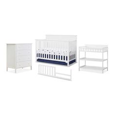 three white cribs and a dresser with drawers