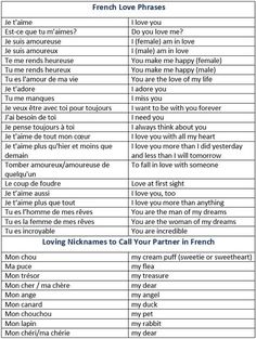 the french love phrases list is shown in this screenshoter's guide to english and