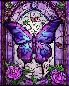 a stained glass window with purple roses and a butterfly