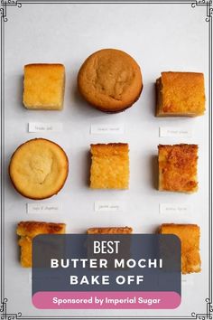 the best butter mochi bake off is displayed on a white surface with text overlay