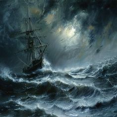 a painting of a ship in the middle of a stormy sea with birds flying around