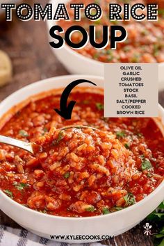 two bowls filled with tomato rice soup on top of a wooden table