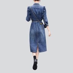 Welcome this season with a blast of nostalgia ââ‚?introducing our Ruffles Chest Lengthy Denim Dress. 20th-century Vibe from 2023 Spring-Summer Collection!Why You Need ItThis denim dress is inspired by the iconic '90s gritty movement. featuring a medium wash with a fashionable distressed pattern that adds an street touch to your look. Complete with a zipper and button closure. it fits snugly to flatter your fit and ensures comfort throughout the day.Made with premium quality denim. this dress pro Long Sleeve Denim Dress With Ruffles, Denim Ruffle Dresses For Fall, Fall Denim Ruffle Dresses, Fall Denim Dresses With Ruffles, Knee-length Ruffled Denim Dress, Knee-length Ruffled Denim Dress For Spring, Knee-length Denim Dress With Ruffles For Spring, Medium Wash Denim Dress With Ruffles, Vintage Knee-length Denim Blue Dress