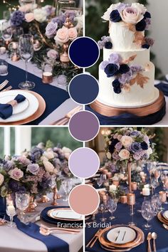 the table is decorated with blue, pink and purple flowers on it's tiered cake