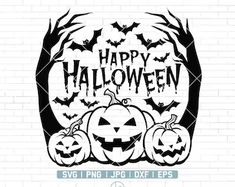 happy halloween svg file with pumpkins and bats in the background on a brick wall