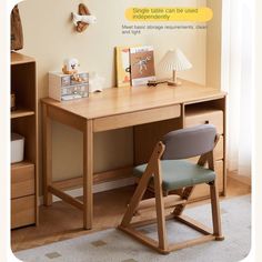 a child's desk with a chair next to it