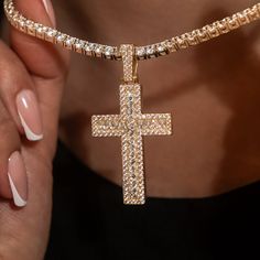 Introducing the Diamond Baguette Cross Pendant in 18k Yellow Gold, your new everyday pendant that will perfectly accessorize any outfit. This spiritual piece is flooded with hand-set baguette stones that is guaranteed to shine from every angle. Pair it with a Diamond Tennis Necklace for a set that is versatile and timeless. This product is guaranteed for life - GLD will repair the item should you experience any defects in craftsmanship or breakage. Specifications - 26mm x 41mm (Width x Height) - Gold Baguette Diamond Jewelry, Luxury Gold Jewelry With Baguette Diamonds, Luxury Jewelry With Vvs Clarity Baguette, Rectangular Pendant With Baguette Diamonds, Baguette Diamond Gold Jewelry, Luxury Baguette Jewelry With Vvs Clarity, Gold Plated Jewelry With Baguette Diamonds, Gold Rectangular Pendant With Baguette Diamonds, Elegant Cross Shaped Jewelry With Baguette Diamonds