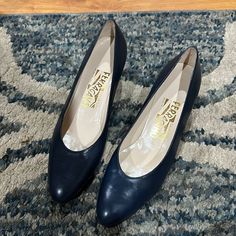 Brand New. Size 7.5. Narrow Classic Blue Heels Medium Width, Classic Blue Medium Width Heels, Classic Blue Low Heel Heels, Classic Blue Round Toe Heels, Classic Blue Court Shoes For Formal Occasions, Classic Blue Formal Court Shoes, Classic Blue Closed Toe Court Shoes, Vintage Ferragamo, Ferragamo Pumps