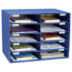 a blue shelf filled with files and folders