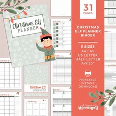 the christmas elf planner is shown on top of an orange and white background with holly branches