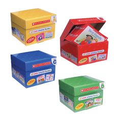 four different colored boxes with pictures on the lids and sides, each containing a story book