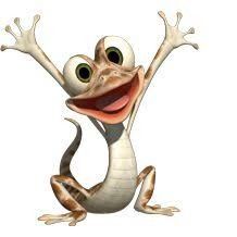 a cartoon gecko with its arms up in the air and eyes wide open, smiling