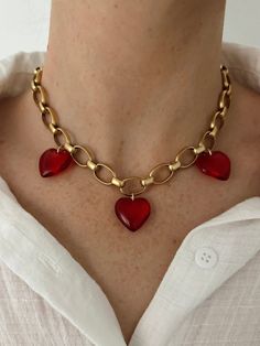 Trend Jewelry, Red Hearts, Jewelry Inspo, Fit Check, Red Heart, Heart Necklace, Jewelry Care, Antique Gold