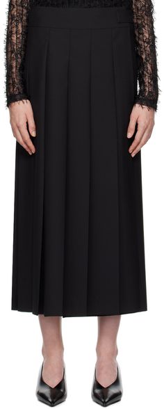 Wool- and polyester-blend twill midi skirt. Knife pleats throughout. · Wrap construction · Adjustable button belt at waistband Supplier color: Black Black Midi Wrap Skirt, Black Midi Pleated Skirt With Elastic Waistband, Black Elastic Waistband Midi Skirt, Luxury Voluminous Midi-length Pleated Skirt, Luxury Black Midi-length Pleated Skirt, Wrap Midi Skirt, Knife Pleats, Mid Length Skirts, Apparel Accessories