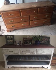 an old dresser has been transformed into a sideboard