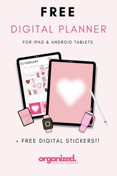 the free digital planner for ipad and android tablets is shown with pink items on it