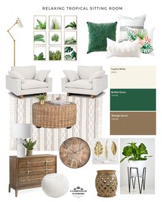 a living room with white furniture and green plants on the wall, along with neutral color palettes