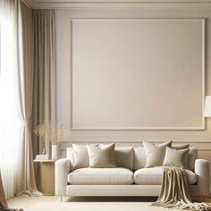 a living room with a white couch and two lamps on either side of the wall