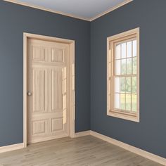 an empty room with blue walls and wooden floors, two windows on either side of the door