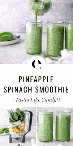 pineapple spinach smoothie in mason jars with the title text overlay reads pineapple spinach smoothie tastes like candy?