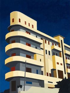 a painting of a building with multiple balconies on the top and bottom floors