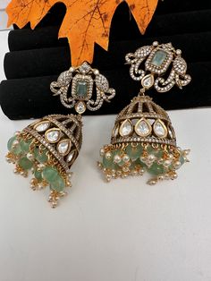 AD Kundan Color Stone Jhumki Earings - LightGreen Antique Necklace Victorian, Real Pearl Necklace, Jhumki Earrings, Ethnic Necklaces, Traditional Earrings, Kundan Necklaces, Oxidised Jewellery, Real Pearls, Pearl Strands