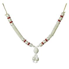 a necklace with pearls and red beads