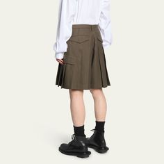 SACAI pleated khaki shorts with pinstripes Self belt with rectangular buckle Regular rise On-seam pockets Back flap pockets Side flap pockets Wide-leg fit Zip fly; belt loops Wool Dry clean Made in Japan Pinstripe Shorts, Khaki Shorts, Flap Pocket, Made In Japan, Tops Designs, Wide Leg, Dry Clean, Buckle