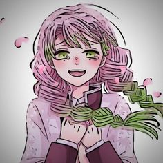 a drawing of a girl with pink hair and green eyes holding a plant in her hands