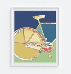 a poster with a bike on it that is in the shape of a circle and has words all over it