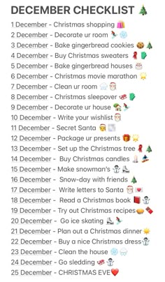 a christmas checklist is shown with the words, december and december written on it