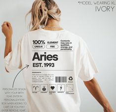 Personalize our trendy Aries zodiac shirt with the birth year of your favorite Aries! This is made on the super comfy comfort colors t-shirt making it an easy favorite! *UNISEX T-SHIRTS- Run true to size.  If wanting a more oversized t-shirt look, selecting 2 sizes up is recommended. **CUSTOMIZATION-If you would like this design in a different color or on a different item (t-shirt, sweatshirt, tank top, bag, hat, etc.)-please message us and we will do our very best to get it made for you.  Placi Astrology Shirt Design, Property Of Shirt Design, Trend Tshirt Designs, Custom Shirts Ideas, Trending Shirt Designs, Cute T Shirt Designs, Back Shirt Design, Merch Design Ideas, Tshirt Design Ideas Trendy