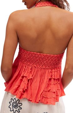 This gauzy cotton-kissed halter top is accented with lovely lace for a dash of romance. 15" center front length (size Medium) Halter neck 69% viscose, 19% nylon, 12% cotton Hand wash, dry flat Imported Chic Lace Trim Halter Top For Spring, Ruffled Halter Neck Top For Vacation, Chic Strapless Top With Lace Trim, Flirty Halter Neck Tops For Beach, Spring Halter Top With Crochet Trim, Spring Halter Neck Top With Crochet Trim, Feminine Bandeau Top For Beach, Flirty Summer Tops With Lace Trim, Flirty Lace Trim Tops For Summer