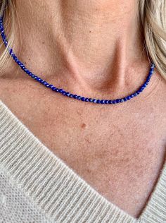 lapis | tiny crystal choker necklace | radiant malas | handmade in boulder colorado Lapis Lazuli Crystal Necklace With Gemstone Beads, Lapis Lazuli Gemstone Beads Crystal Necklace, Blue Lapis Lazuli Beaded Necklaces, Sapphire Necklaces With Healing Gemstone Beads, Sapphire Gemstone Beads Jewelry For Healing, Adjustable Single Strand Sapphire Necklace, Adjustable Beaded Lapis Lazuli Crystal Necklace, Lapis Lazuli Round Beads Jewelry For Healing, Blue Polished Beads Spiritual Crystal Necklace