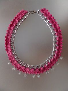 The necklace has a lightweight strong silver plated chain that has pink 100% fine cotton thread crochet & crystal transparent beads to the outside of it. Is finished with an easy to close with an easy labster clasp.  Perfect for any reason. Is light & easy to wear.  This necklace is unique.  I ship worldwide with register mail (with tracking number). Thankyou for looking <3 Pink Crochet Necklace, Pink Beaded Necklace Chain As Gift, Pink Beaded Necklace With Chain As Gift, Handmade Pink Chain Necklace, Crochet Crystal, Cotton Thread Crochet, Beaded Chain Necklace, Silver Necklace Statement, Thread Crochet