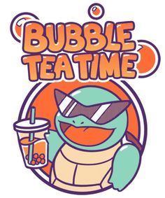 the logo for bubble tea time with a turtle holding a drink